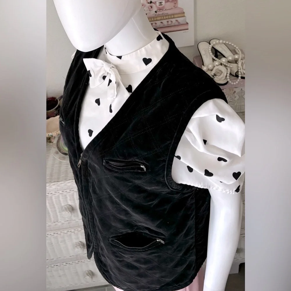 Vintage Gloria Vanderbilt Vest Diamond Quilted Velvet Cotton in Black Size L